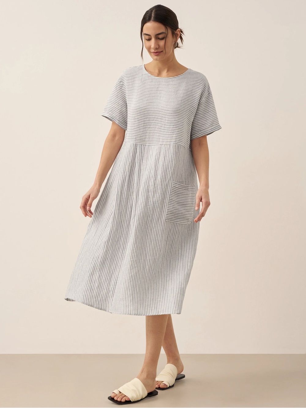 Lintico‎ Morgan 100% Linen Pinstripe Paneled Short-Sleeved Dress Size M